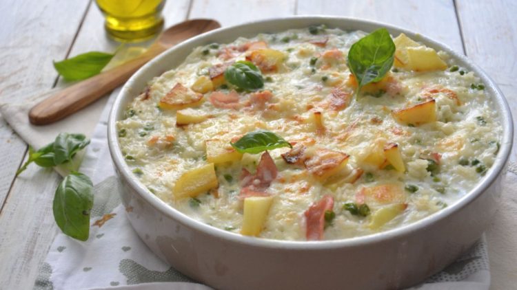 gratin de riz aux pommes de terre et petits pois