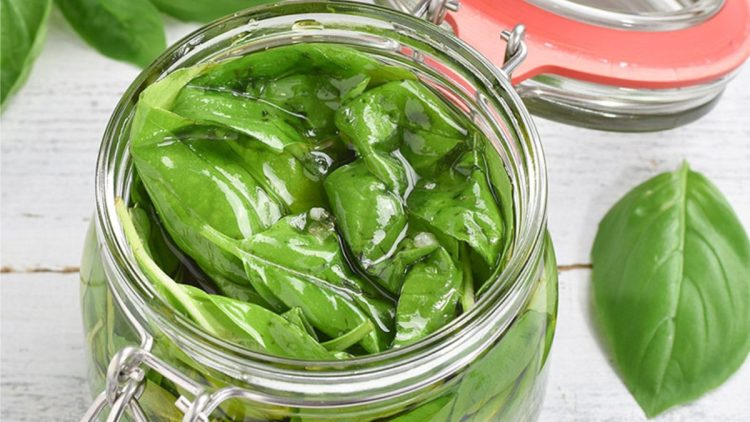 basilic à l’huile d’olive et au gros sel