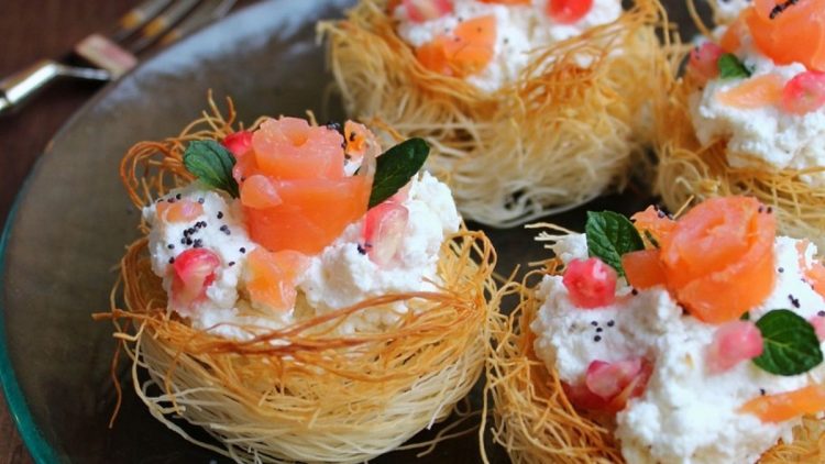 nids de pâte Kataifi au saumon et à la ricotta