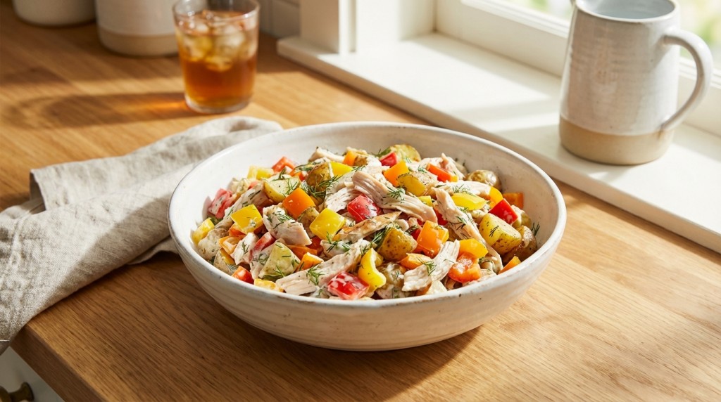 découvrez notre salade de poulet, poivrons et pommes de terre, un plat froid savoureux et léger, idéal pour profiter des beaux jours en toute fraîcheur.