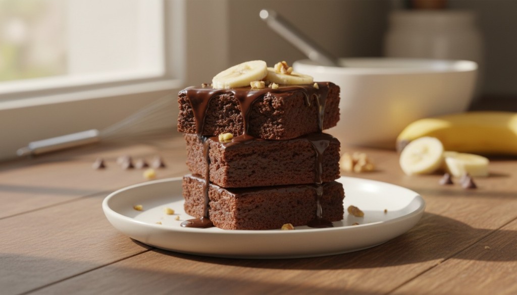 découvrez notre recette de brownies fondants au chocolat et à la banane, sans cuisson, sans farine, sans œufs et sans matière grasse, pour un dessert sain et gourmand facile à préparer.