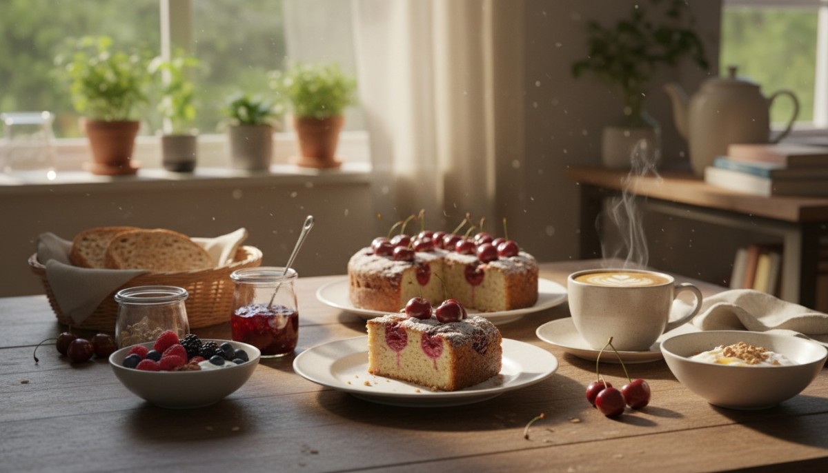 découvrez notre gâteau moelleux aux cerises, sans lactose, parfumé et délicieux, idéal pour un petit-déjeuner gourmand et sain.