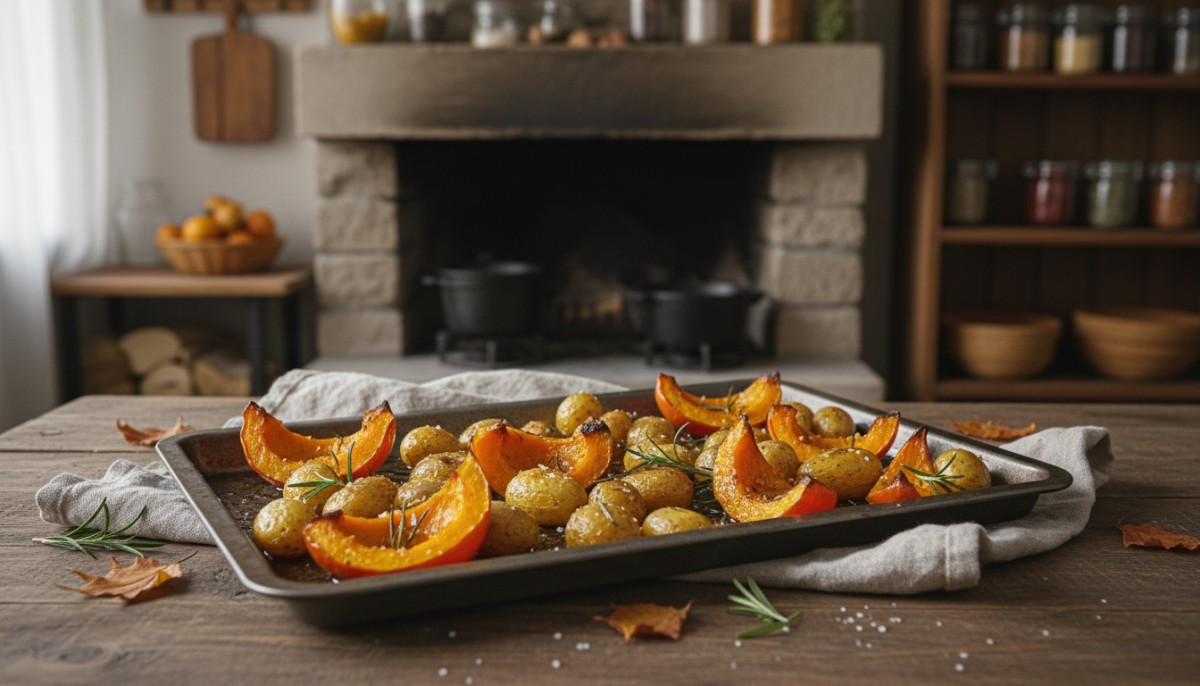 découvrez une recette réconfortante d’automne avec ce potiron et pommes de terre au four, un accompagnement savoureux et facile à préparer pour vos repas de saison.