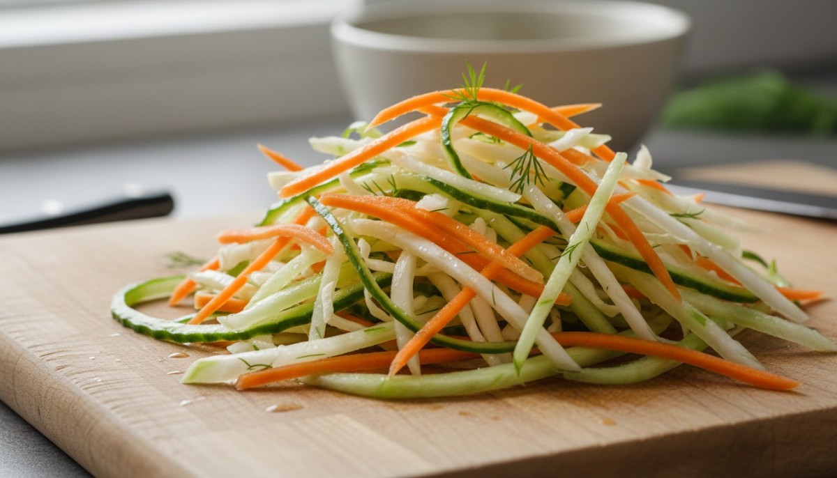 découvrez une recette facile et rapide de salade de carotte, chou blanc et concombre pour un repas frais et sain.
