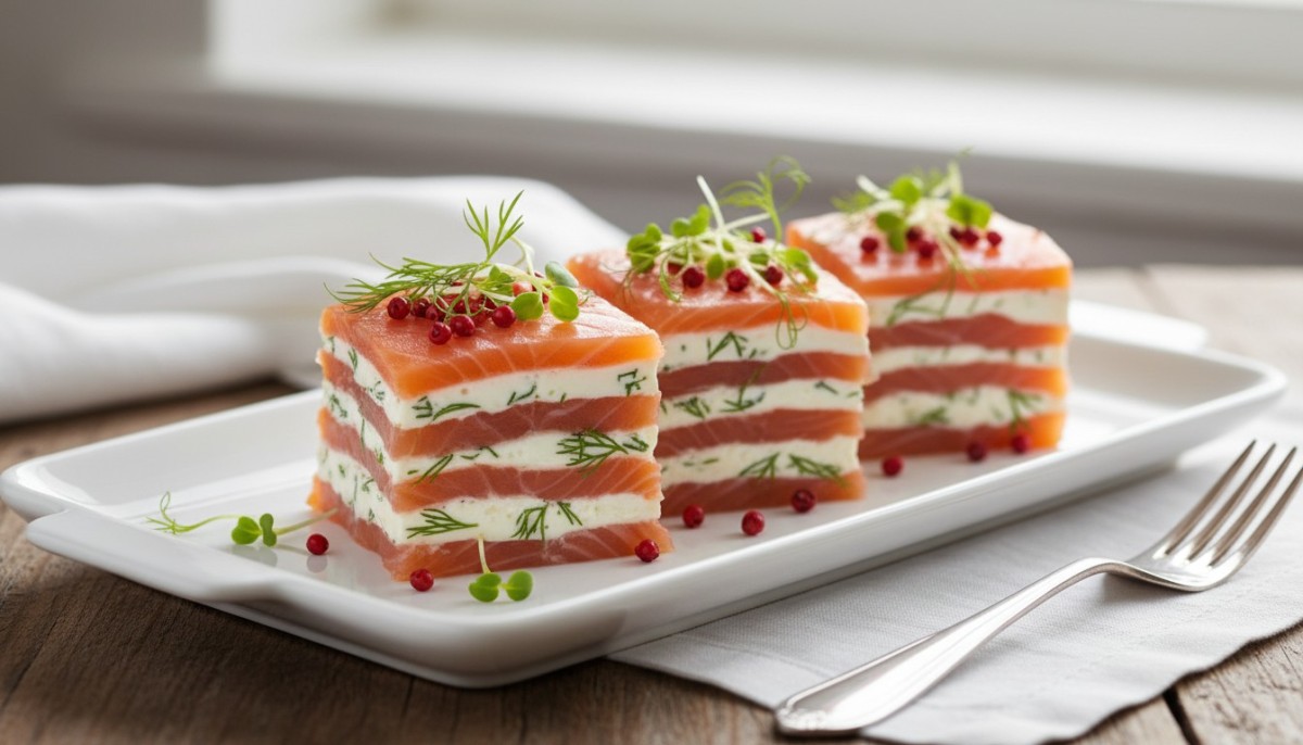 découvrez notre recette simple et festive de terrine de saumon façon millefeuille, une entrée raffinée à préparer sans cuisson, idéale pour vos repas de fête.