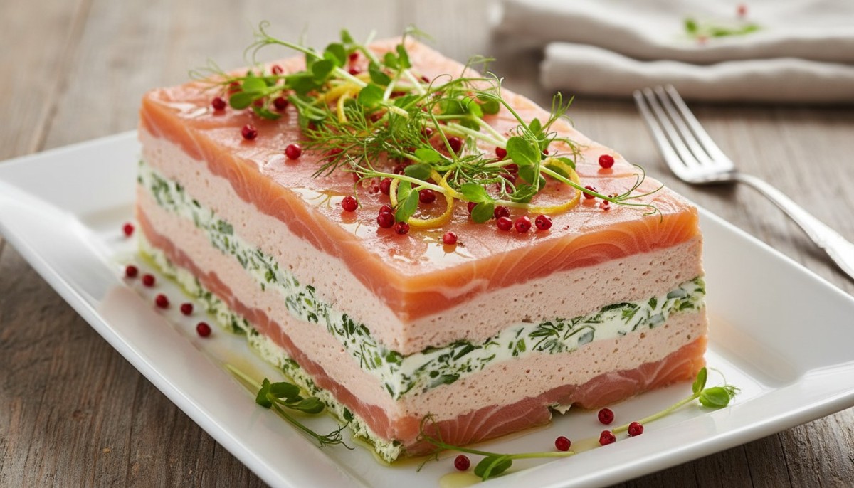 découvrez la terrine de saumon façon millefeuille, une entrée festive et gourmande, prête en un rien de temps sans cuisson. parfaite pour vos repas de fête !