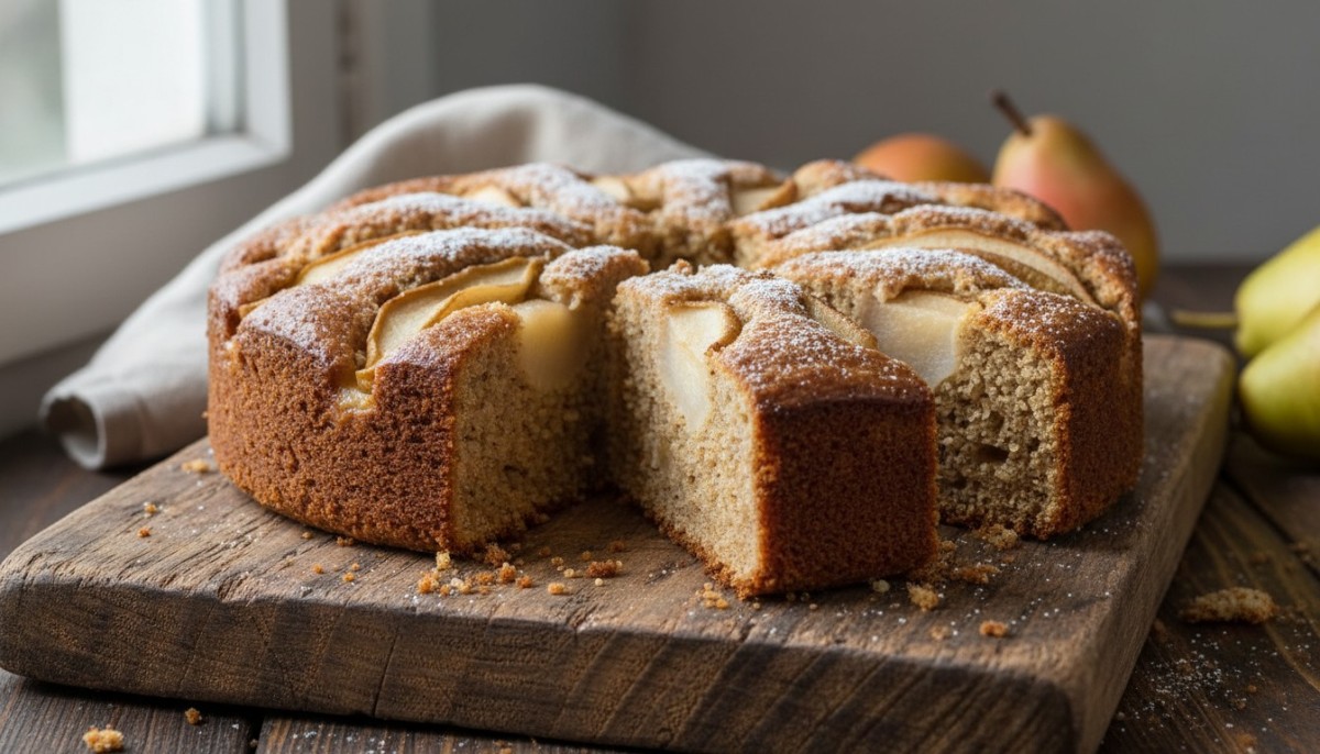 découvrez une recette facile et saine de gâteau aux poires à la farine complète, parfumé et moelleux, parfait pour un dessert gourmand et léger.