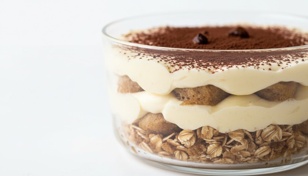 découvrez notre recette de tiramisu aux flocons d’avoine et à la banane, un dessert protéiné gourmand, faible en calories et rassasiant, parfait pour une pause saine et délicieuse.