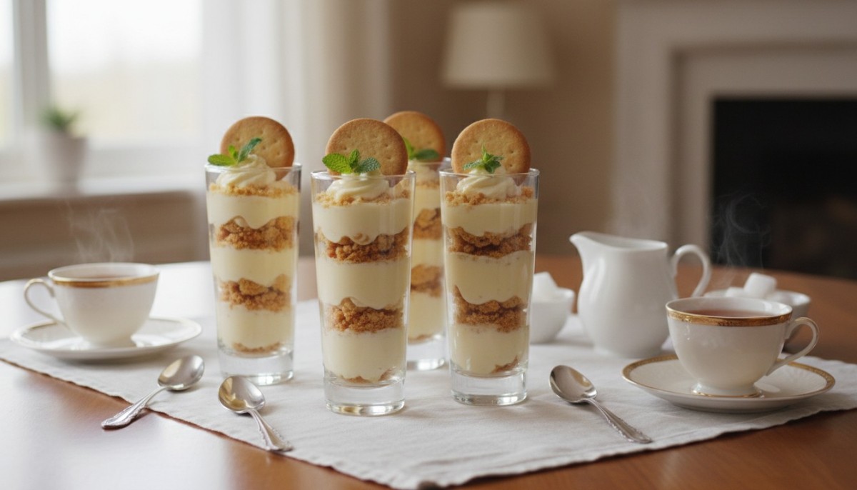 découvrez une recette de grand-mère simple et délicieuse : verrines de crème pâtissière onctueuse et biscuits secs croustillants, parfaites pour un dessert rapide et gourmand.