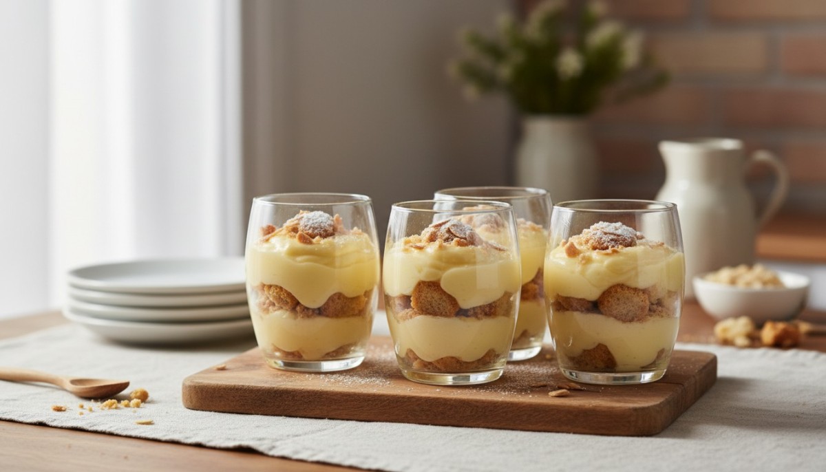 découvrez la recette facile et traditionnelle de verrines de crème pâtissière aux biscuits secs, un dessert gourmand et rapide à préparer comme chez grand-mère.